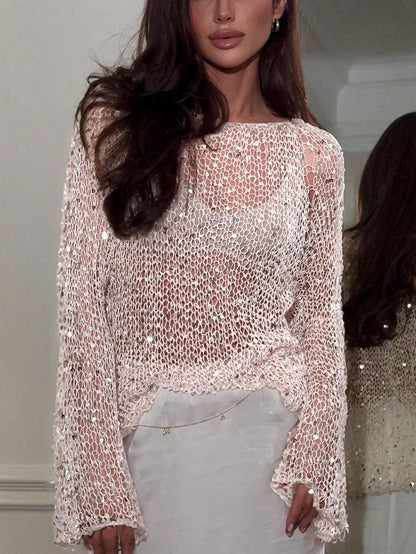Women's Sequin Sheer Mesh Oversized Sweater Top