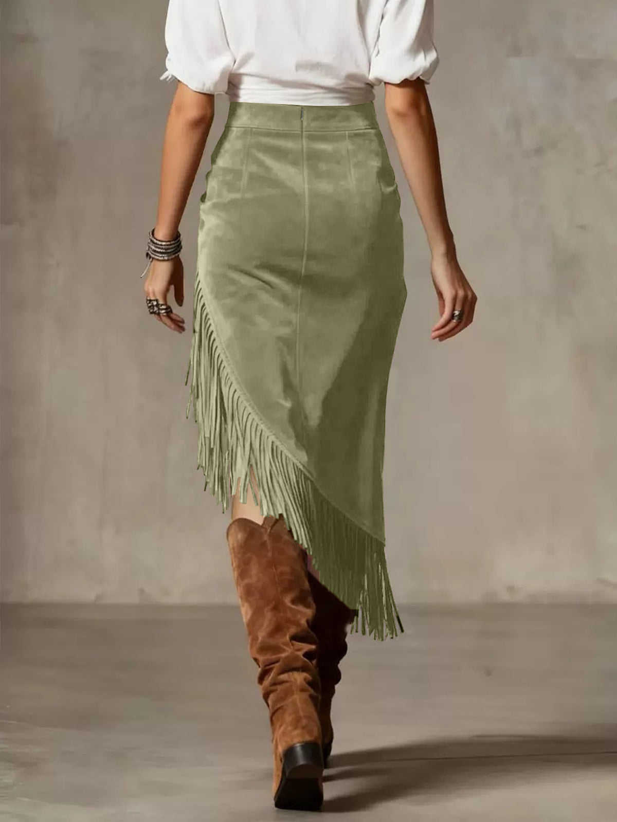 Women's Western Suede Fringe Asymmetrical Midi Skirt