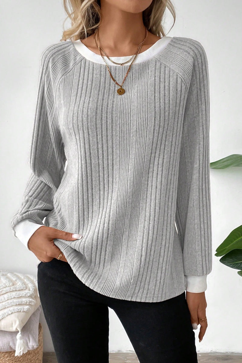 Women's Ribbed Crew Neck Long Sleeve Pullover Sweater