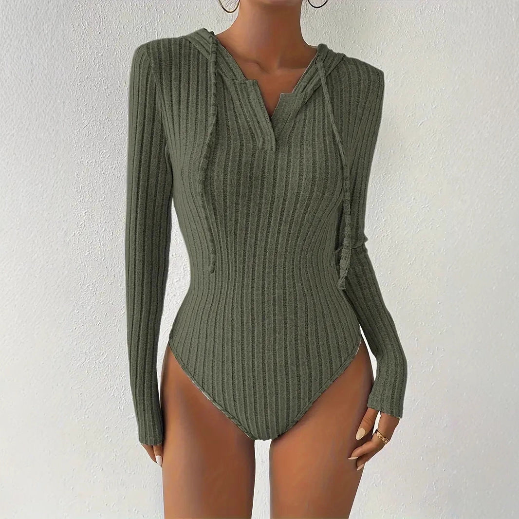 Ribbed Hooded Bodysuit Women Long Sleeve Bodycon