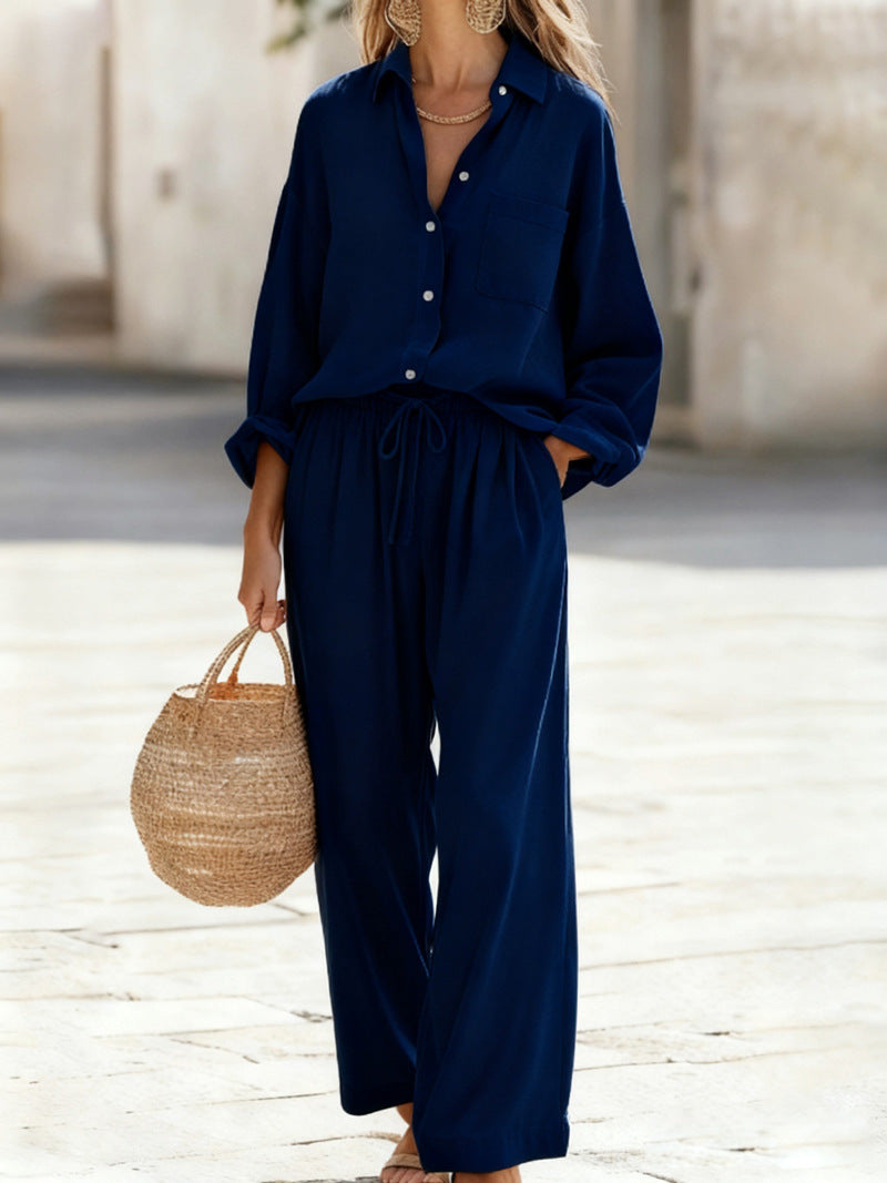 Women's Linen Look Shirt Pants Two Piece Set Casual Lounge