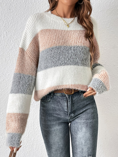Women's Striped Color Block Crew Neck Knit Sweater