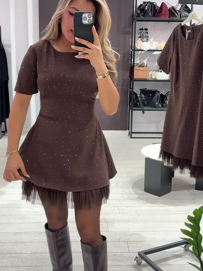 Rhinestone Lace Trim Short Sleeve A-Line Mini Dress