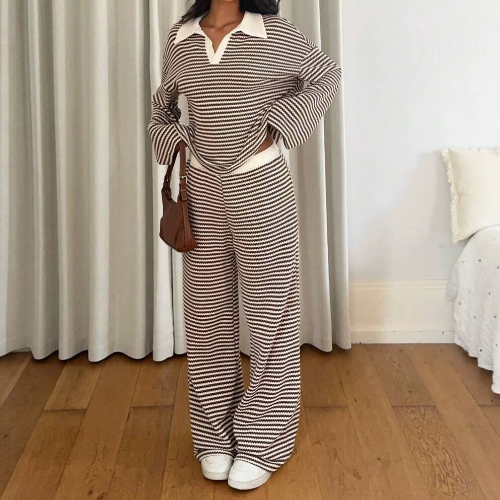 Striped Collared Knit Lounge Set Wide Leg Pants Set