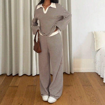 Striped Collared Knit Lounge Set Wide Leg Pants Set