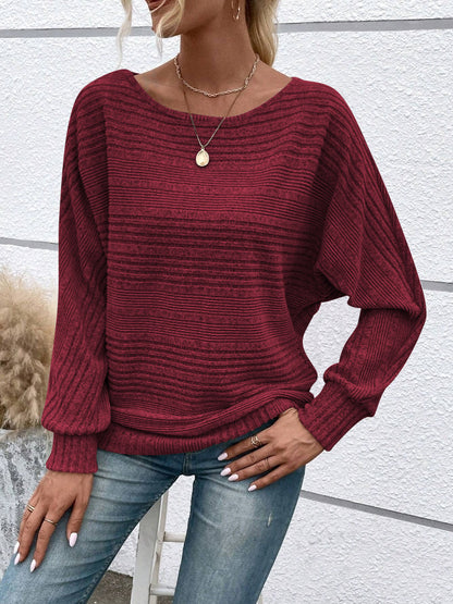 Ribbed Batwing Sleeve Sweater Top Women Casual Pullover