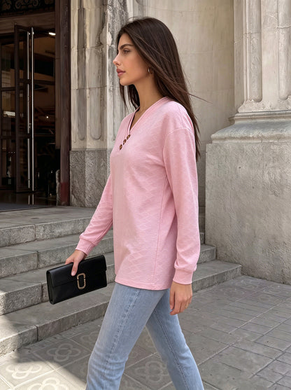 Women's Casual V-Neck Button Long Sleeve Loose Tunic Top