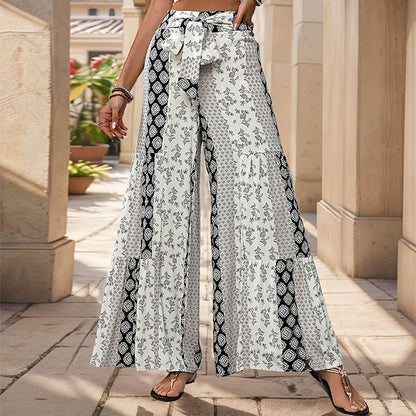 Women's Boho Floral Tie Waist Wide Leg Palazzo Pants