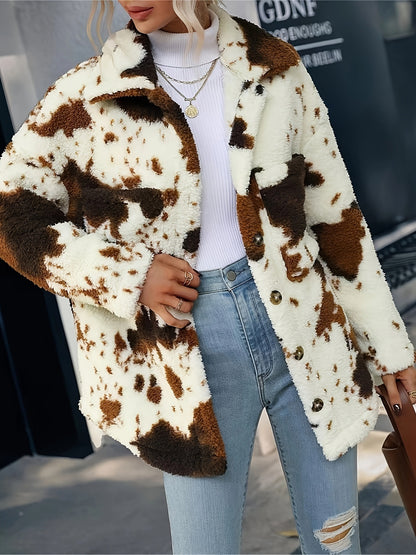 Women's Fuzzy Cow Print Sherpa Jacket with Pockets