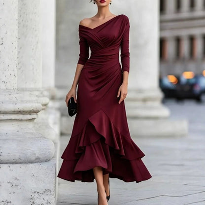 Off Shoulder V Neck Ruched Ruffle Midi Dress Long Sleeve