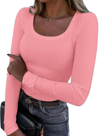 Women's Ribbed Square Neck Long Sleeve Fitted Top