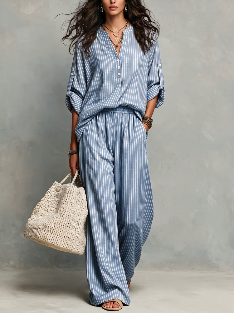 Women's Striped Cotton Lounge Set V-Neck Wide Leg Pants