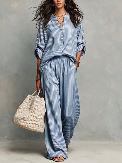 Women's Striped Cotton Lounge Set V-Neck Wide Leg Pants