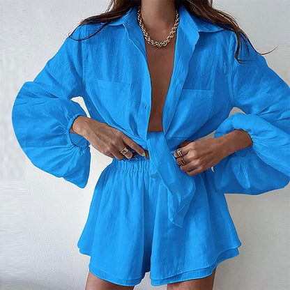 Women's Tie Front Shirt and Shorts Matching Set