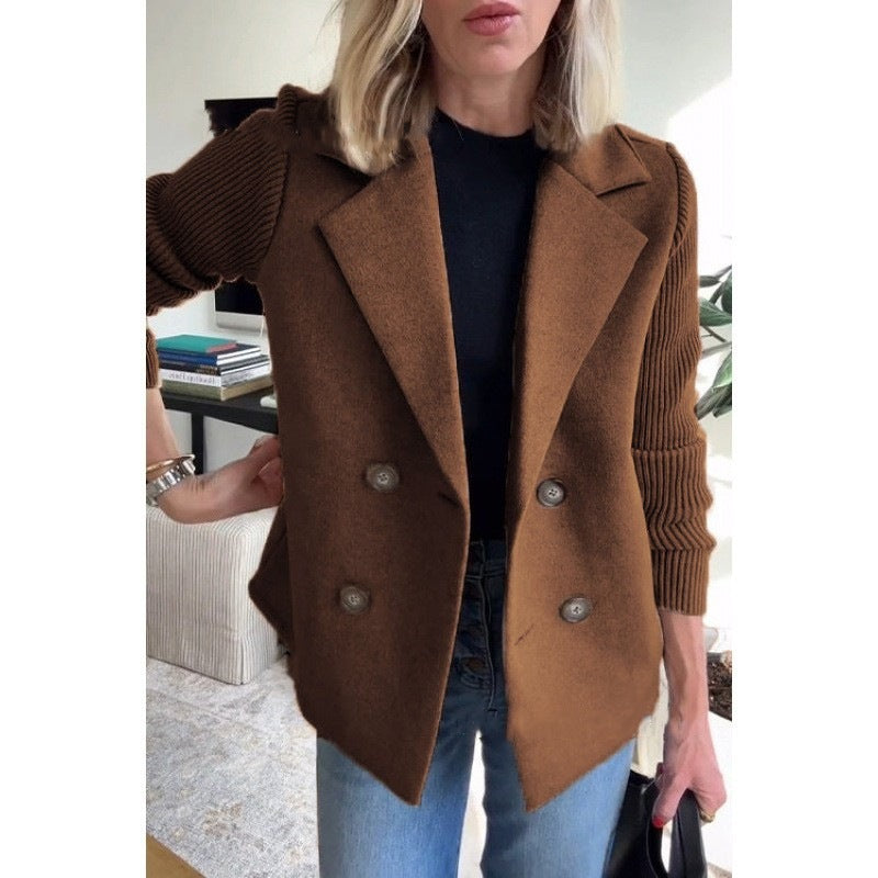 Knit Sleeve Double Breasted Blazer Jacket