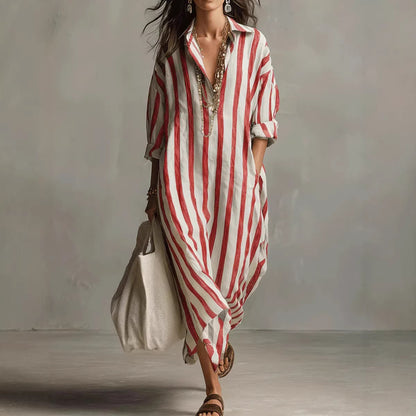 Oversized Striped Maxi Shirt Dress V-Neck 3/4 Sleeve