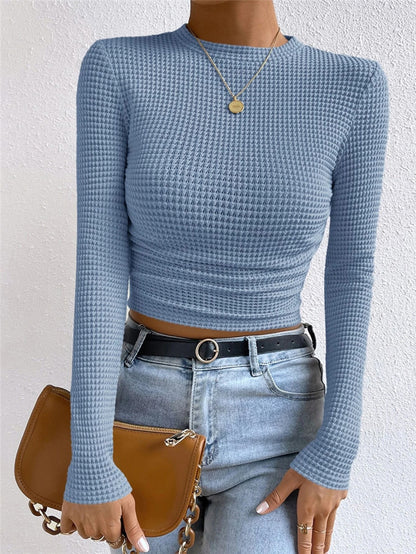 Women's Ruched Waffle Knit Long Sleeve Crop Top