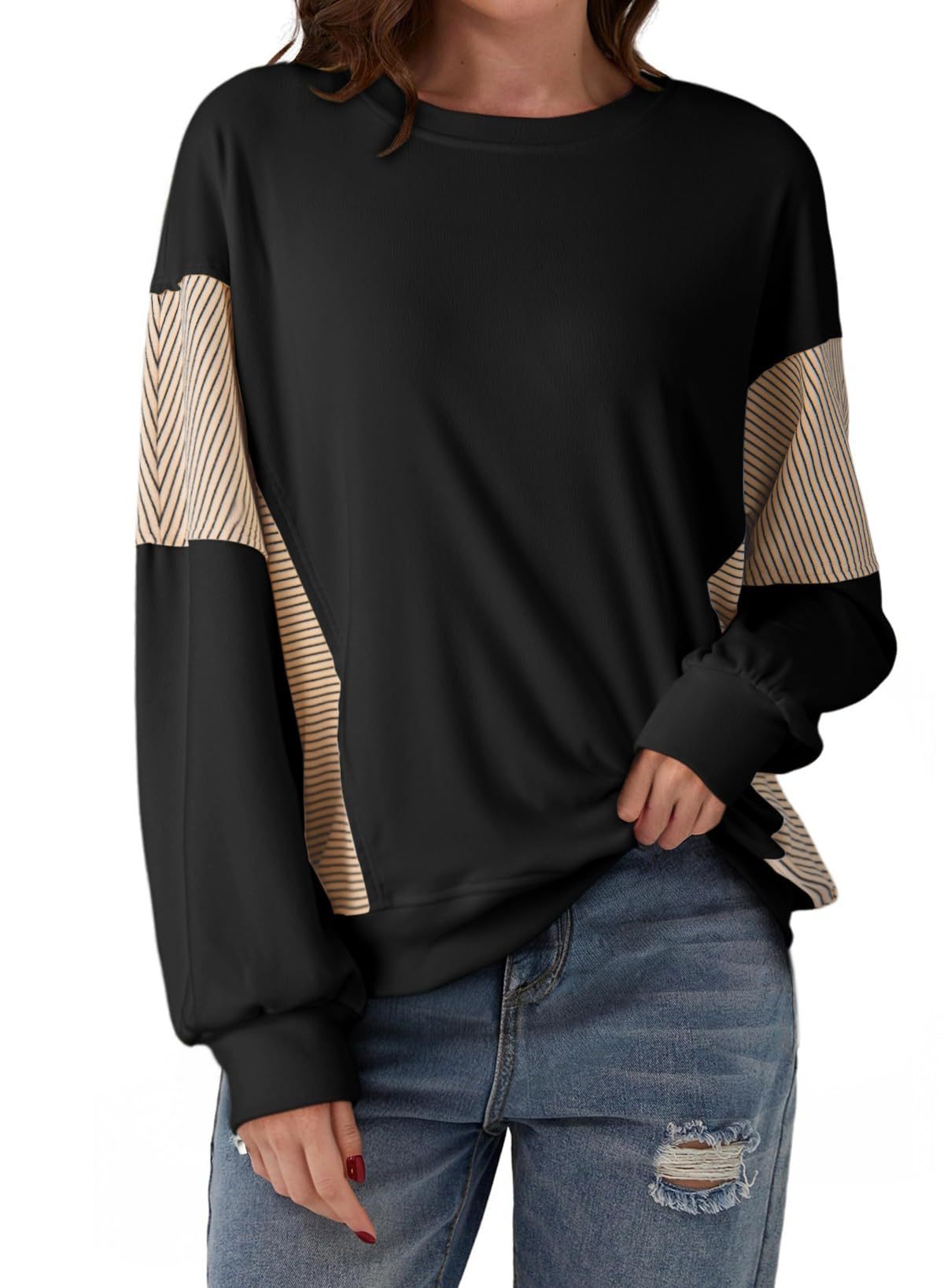 Colorblock Striped Sweatshirt Women Casual Pullover Top