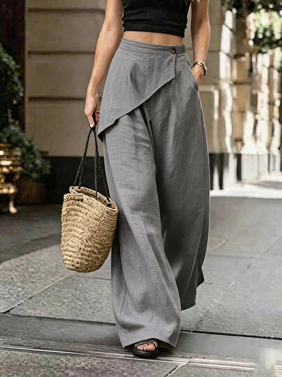 Faux Linen Wide Leg Pants Asymmetric Elastic Waist