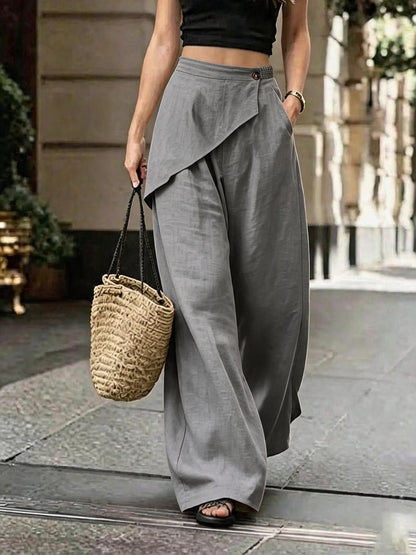 Faux Linen Wide Leg Pants Asymmetric Elastic Waist