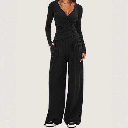 Women's 2 Piece V Neck Wide Leg Pants Lounge Set