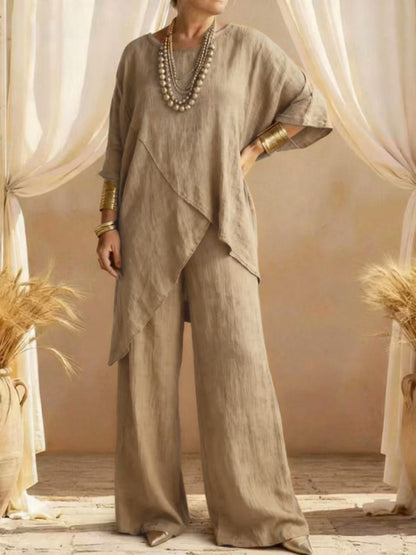 Women's Linen 2PC Set Asymmetric Hem Wide Leg Pants