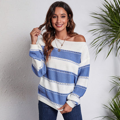 Women's Off Shoulder Striped Crochet Knit Sweater