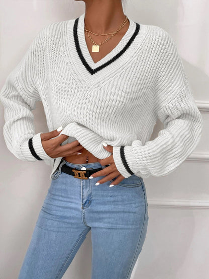 Women's Oversized V-Neck Chunky Knit Sweater Color Block