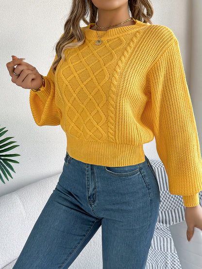 Women's Cable Knit Lantern Sleeve Cropped Sweater