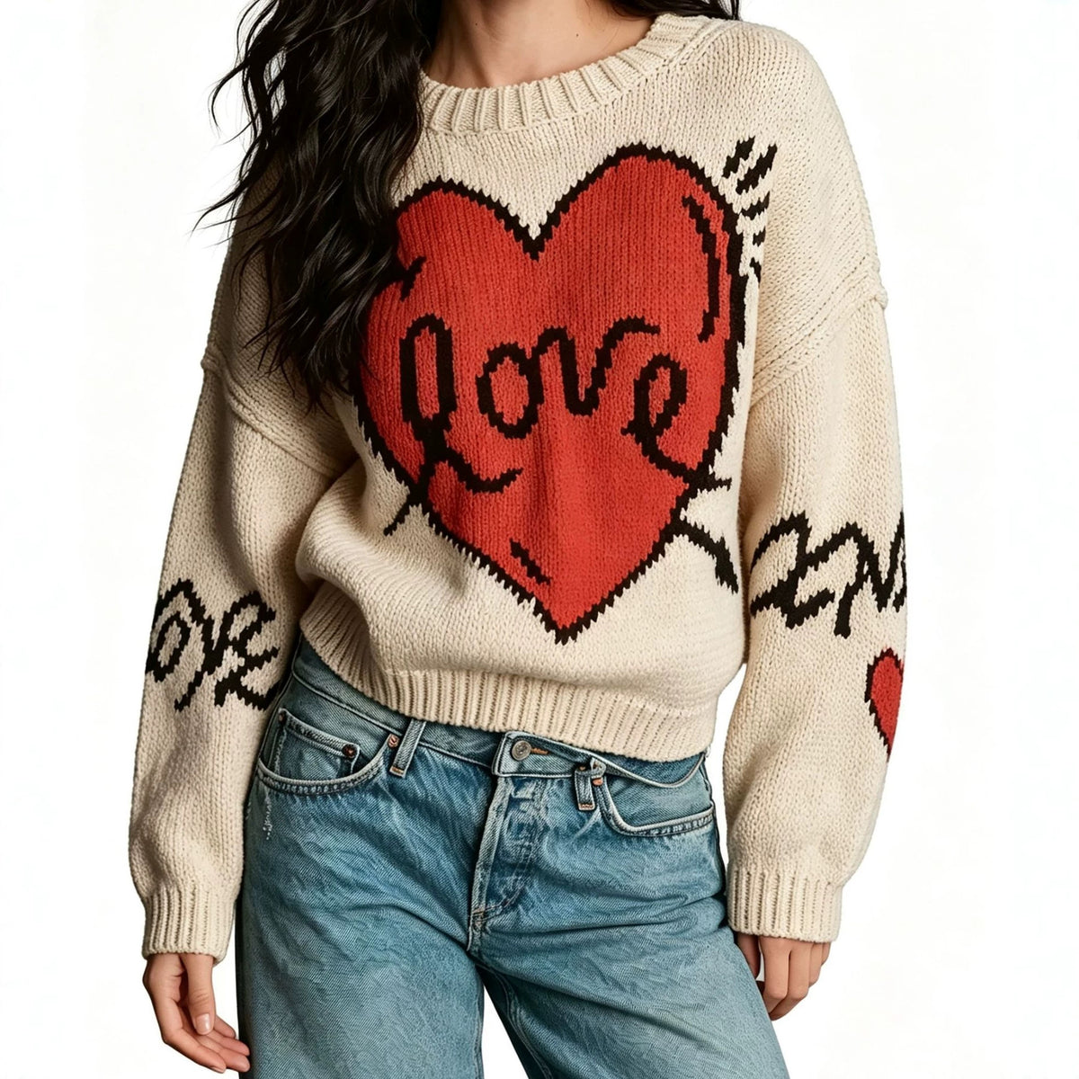 Women's Love Heart Crew Neck Knit Sweater Long Sleeve