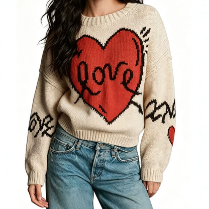 Women's Love Heart Crew Neck Knit Sweater Long Sleeve