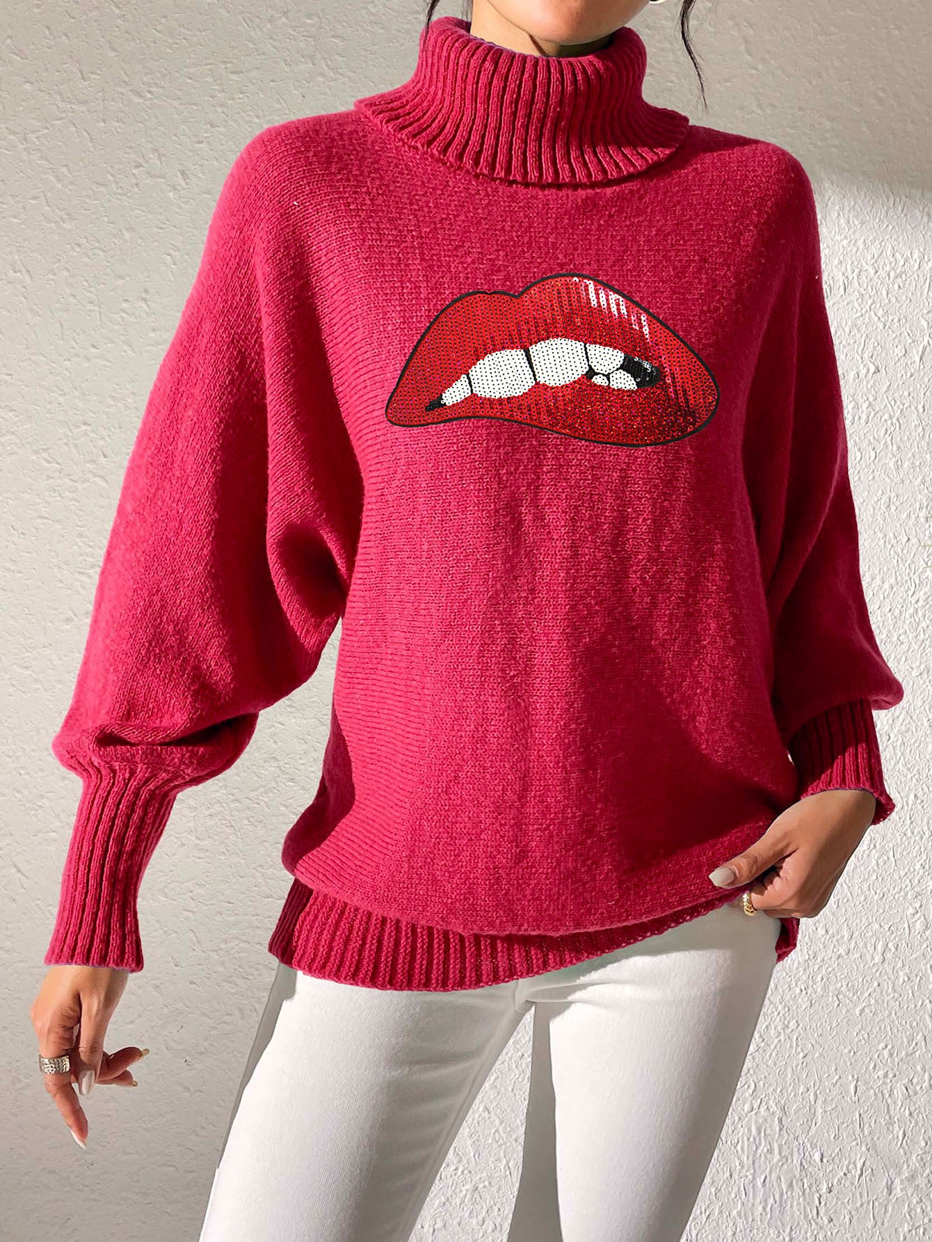 Ladies Bottom Shirt Sequin Embroidered Lip Turtleneck