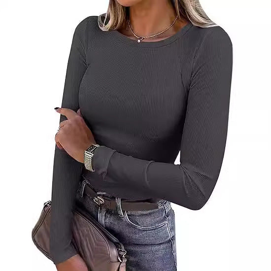 Women's Stretch Ribbed Long Sleeve Crew Neck Fitted Top