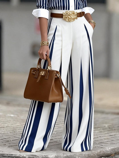 Striped Color Block Wide Leg Pants for Women