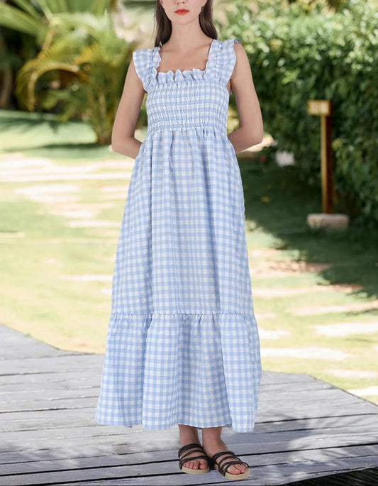 Blue Gingham Smocked Square Neck Maxi Dress
