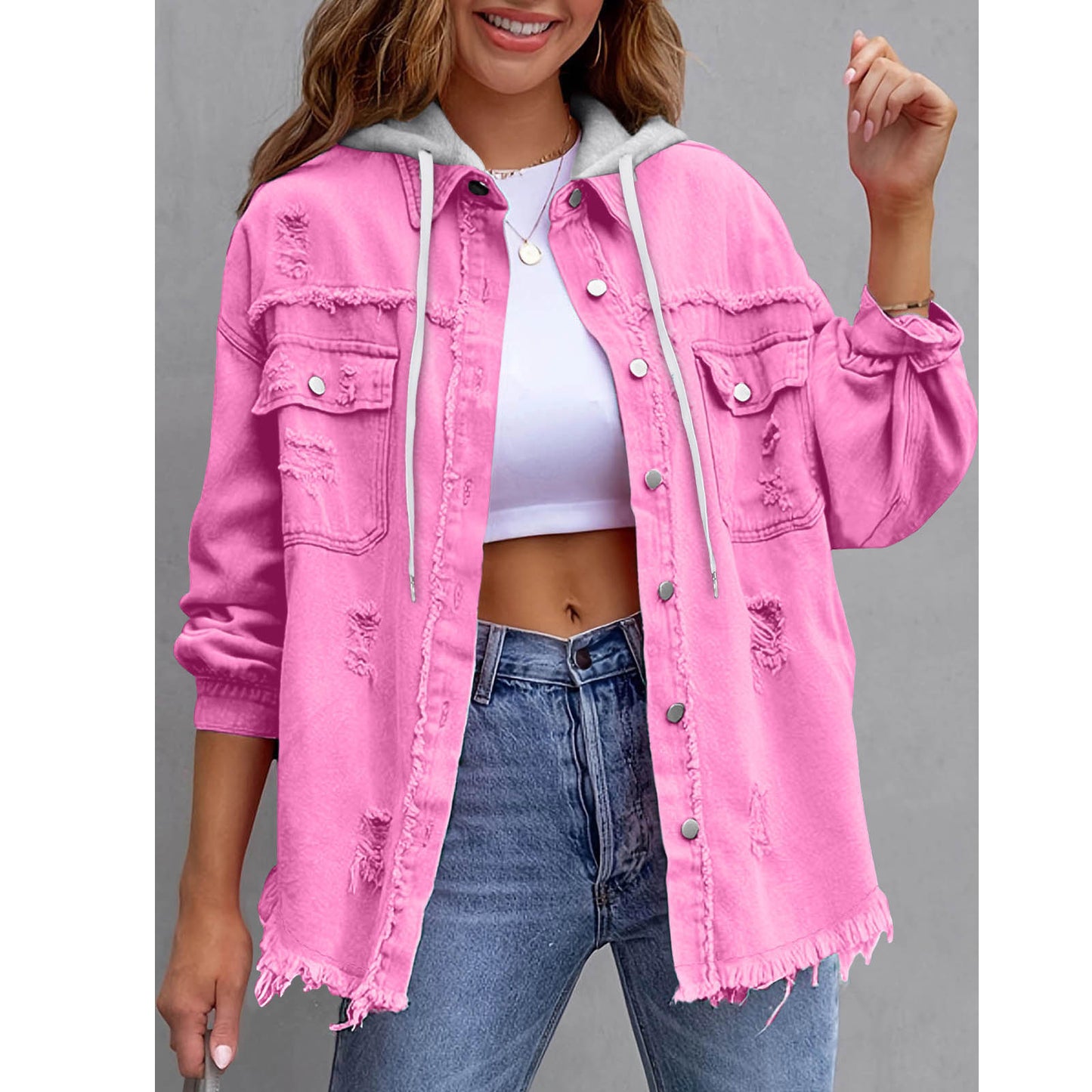 Distressed hooded denim jacket oversized fit