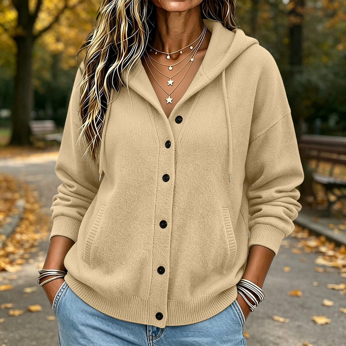 Women's Hooded Button Front Knit Cardigan Sweater Pockets