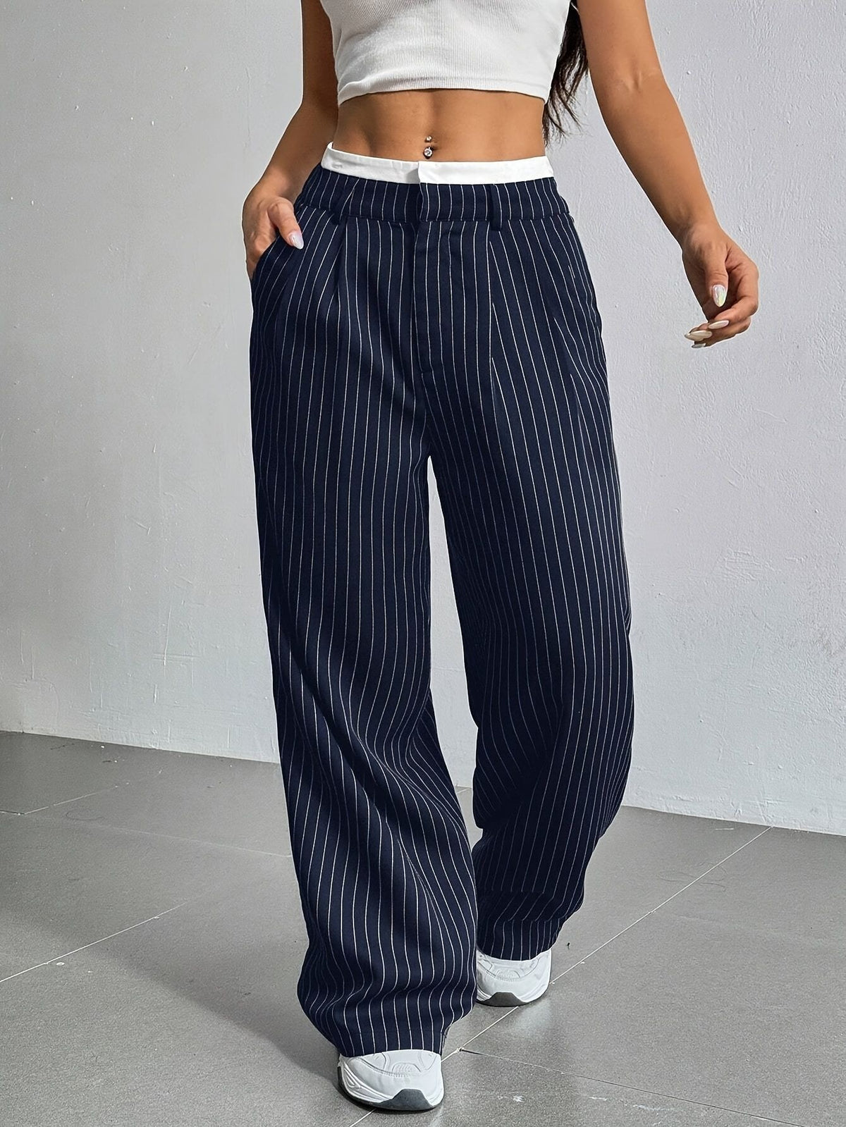 Women's High Waist Striped Wide Leg Trousers