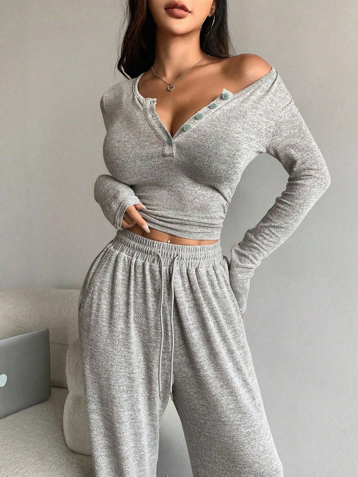 Women's Off Shoulder Button Front Knit Two Piece Pants Set