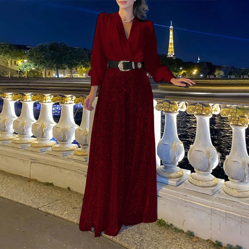 Women's 2 Piece Sequin Wide Leg Pants V Neck Belted Set