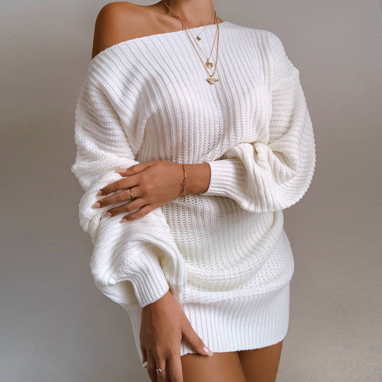 Off Shoulder Balloon Sleeve Ribbed Sweater Dress