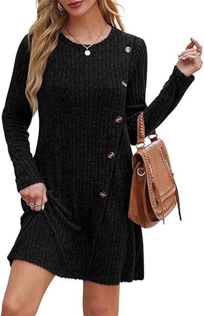 Ribbed Long Sleeve Dress with Side Buttons & Pockets