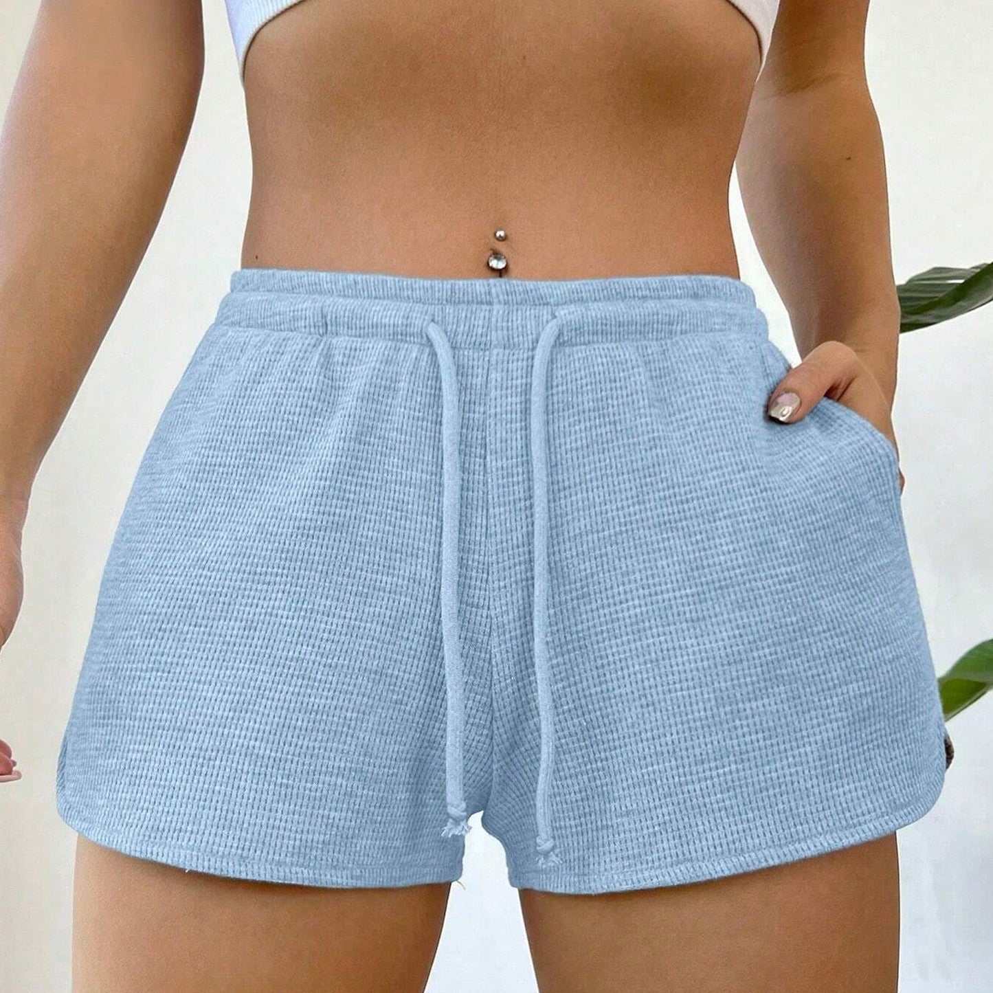 Waffle Knit Drawstring Shorts High Waist Lounge