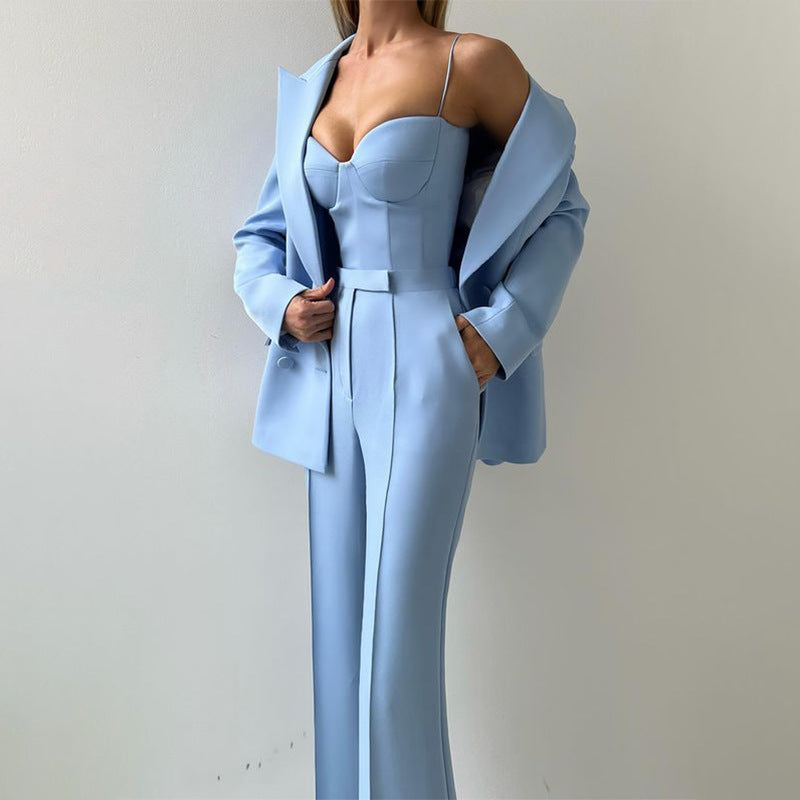 Women's 3 Piece Blazer Bustier Top Wide Leg Pants Set