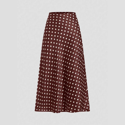 Polka Dot Satin A-Line Skirt Trendy Zip Midi Dress