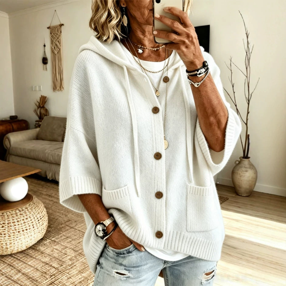 Women's Hooded Knit Cardigan Button Front Batwing Sleeve