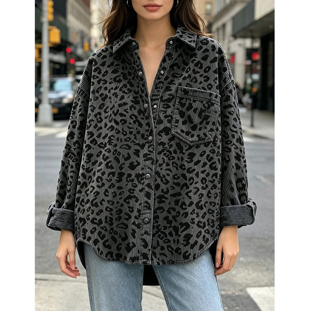 Leopard Print Corduroy Oversized Button Up Shirt