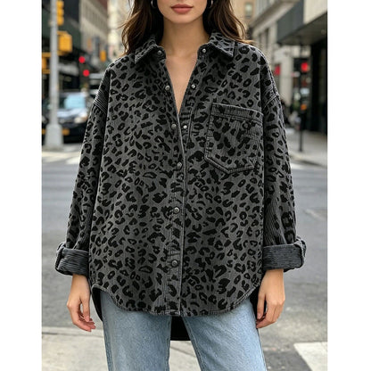 Leopard Print Corduroy Oversized Button Up Shirt