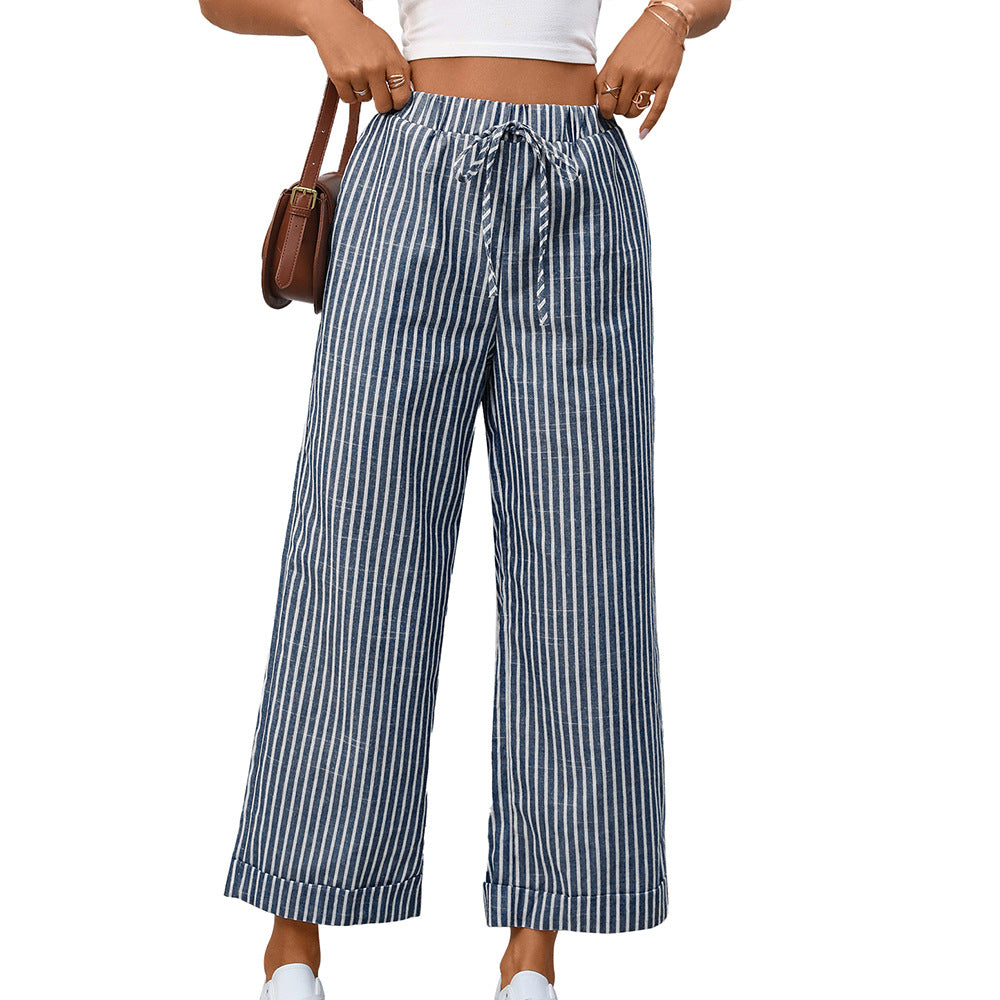 Striped High Waist Drawstring Wide Leg Summer Pants