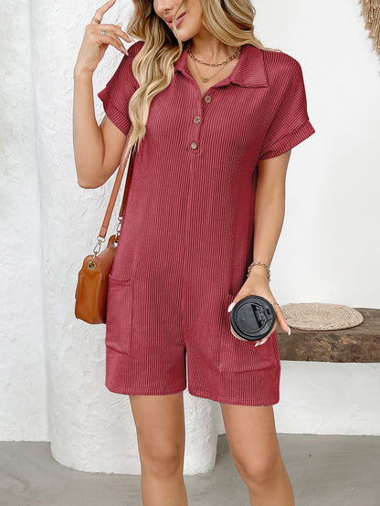 Lapel Button Loose Pocket Short Sleeve Jumpsuit